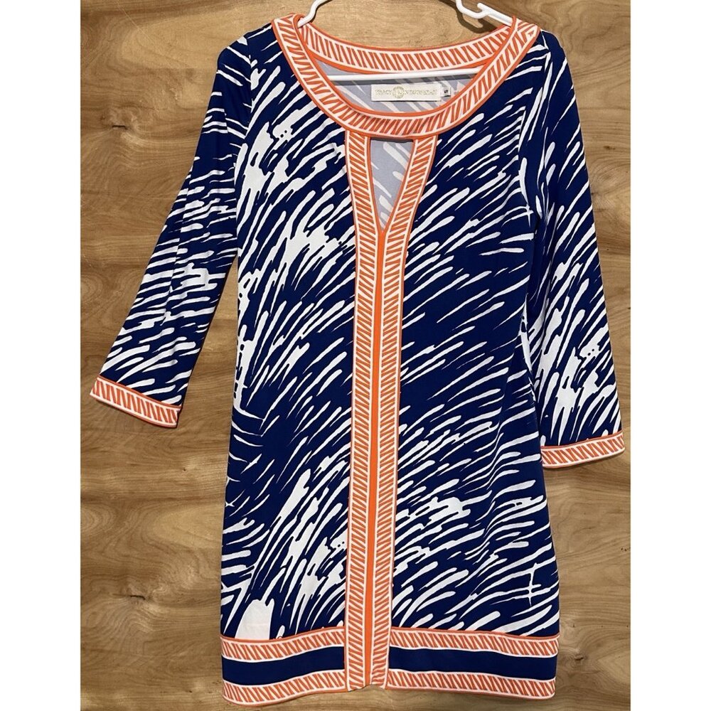 Tracy Negoshian Tunic Dress Womens Size S Blue Orange  Long Sleeves Stretch